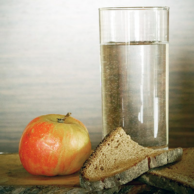 apple, bread, glass of water