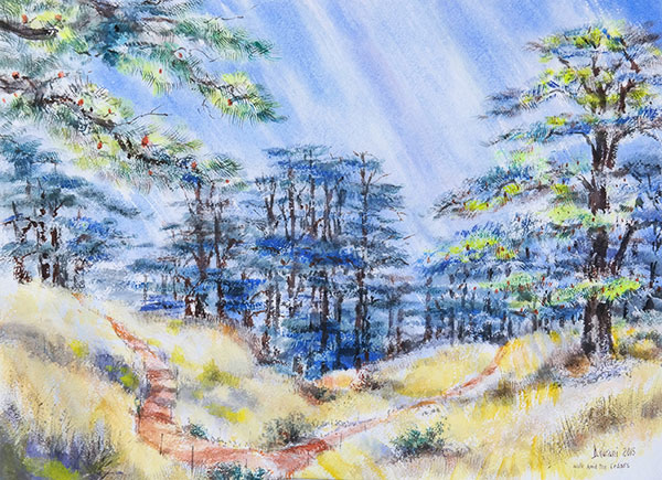 A Walk Through the Cedars, watercolour
                    by David Kurani
