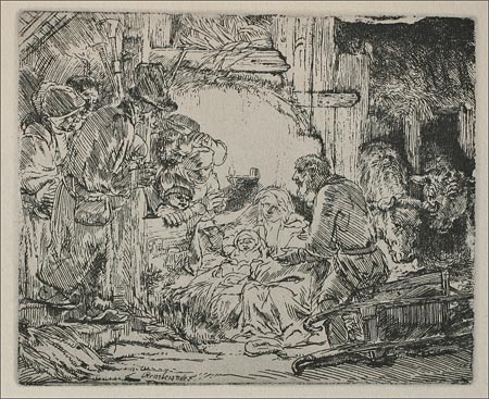 The Nativity, Rembrandt,
                    etching 1654