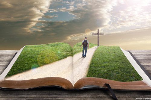 open Bible
                  and man walking towards the cross