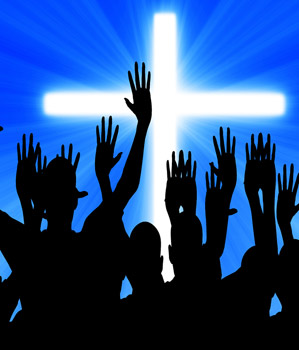hands raised
                  and glowing cross