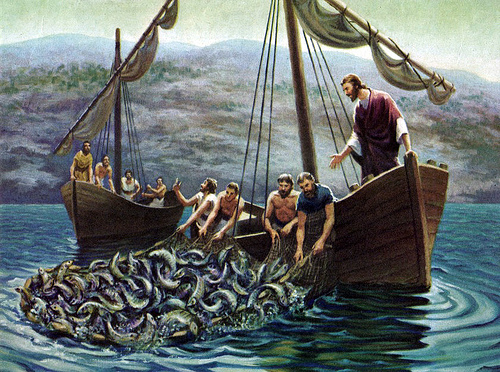 Jesus commands Peter to
                  lower his nets to catch fish