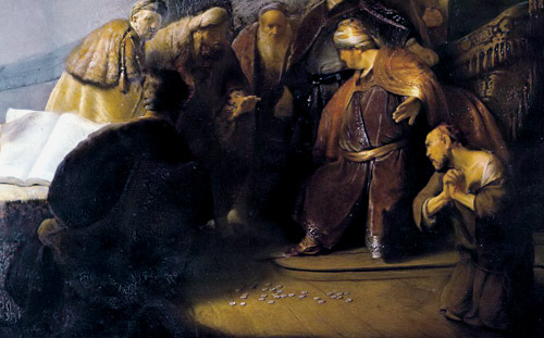Judas returns 30 pieces of
                  silver, by Rembrandt