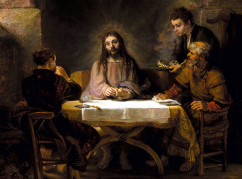 Jesus at table with disciples at Emmaus,
                        by Rembrandt