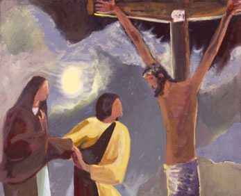 Jesus on cross with his mother and John looking
                  on - painting by John Dunne