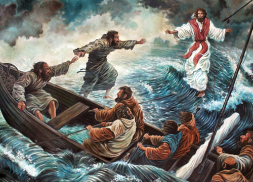 Peter walks toward Jesus on the
                                waves of the sea